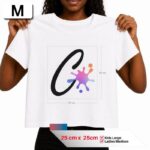 Custom apparel print placement guide showing a square 25cm x 25cm "M" sizing template on a white t-shirt, suitable for Kids Large and Ladies Medium.