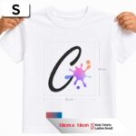Small sized graphic transfer layout guide featuring an 18cm x 18cm square "S" template on a white youth t-shirt, recommended for Kids T-shirts and Ladies Small.