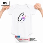 Extra Small print size template illustrating a 10cm x 10cm square "XS" graphic overlay on a white baby grow / onesie, ideal for infant clothing, bibs, pockets, and sleeves.