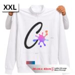 Double Extra Large print dimensions chart showing a large 36cm x 40cm "XXL" template on a white zip-up jacket, recommended for Ladies and Mens XXLarge.