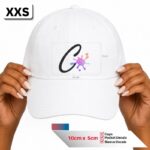 Mini size print guide showing a rectangular 10cm x 5cm "XXS" decal template on a white baseball cap, ideal for caps, pocket decals, and sleeve branding.