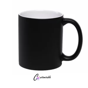 11oz Matte Magic Mug Black with white inner and handle on a color changing background.