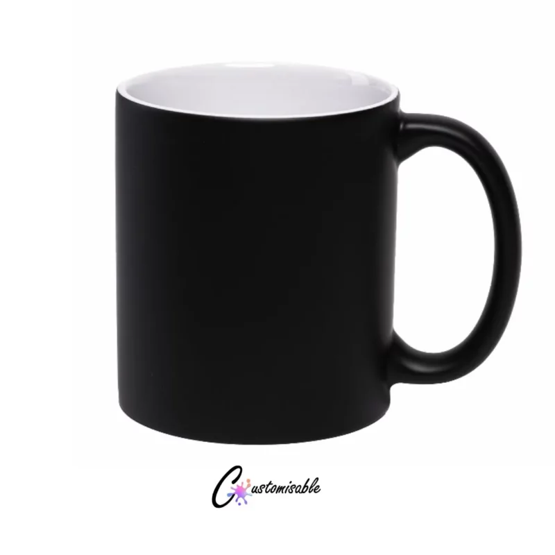 11oz Matte Magic Mug Black 11oz Matte Magic Mug Black with white inner and handle on a color changing background.