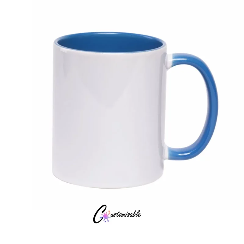 11 oz Blue Sublimation Two Tone Mug White 11oz two tone sublimation mug with blue inner and handle on a white background.