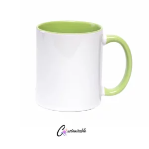 White 11oz two tone sublimation mug with green inner and handle on a white background.
