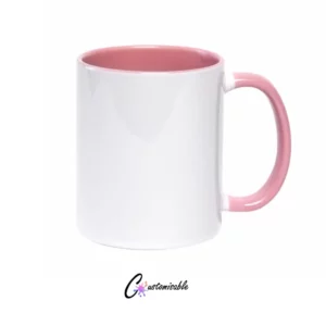 White 11oz two tone sublimation mug with pink inner and handle on a white background.