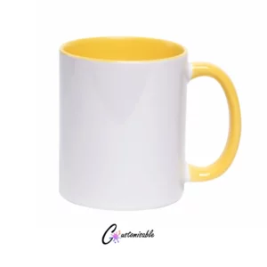 White 11oz two tone sublimation mug with yellow inner and handle on a white background.