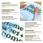 TeckWrap stencil vinyl feature guide showing adhesion, anti-bleed technology, easy weeding and clean removal.