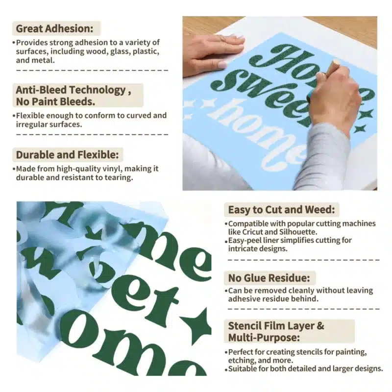 TeckWrap stencil vinyl feature guide showing adhesion, anti-bleed technology, easy weeding and clean removal.