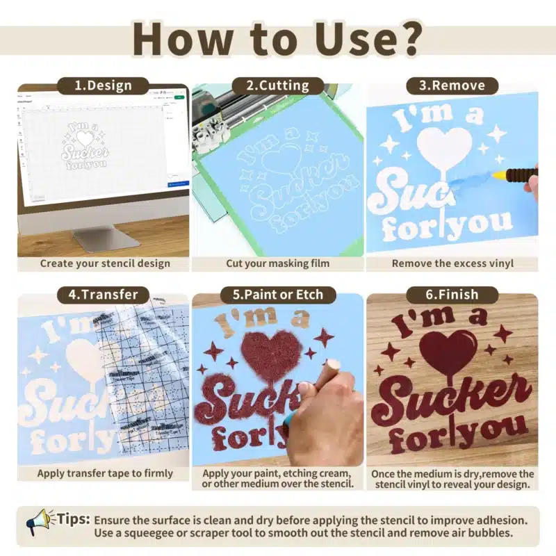 Step-by-step TeckWrap stencil vinyl guide showing design, cutting, weeding, transfer, painting and final reveal.