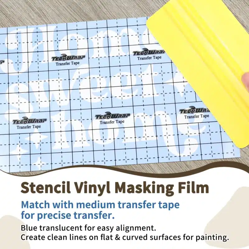 Blue TeckWrap stencil vinyl masking film with medium transfer tape and yellow squeegee for precise paint stencils.`
