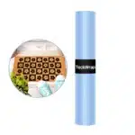 TeckWrap blue stencil vinyl roll with sample floral doormat stencil design.